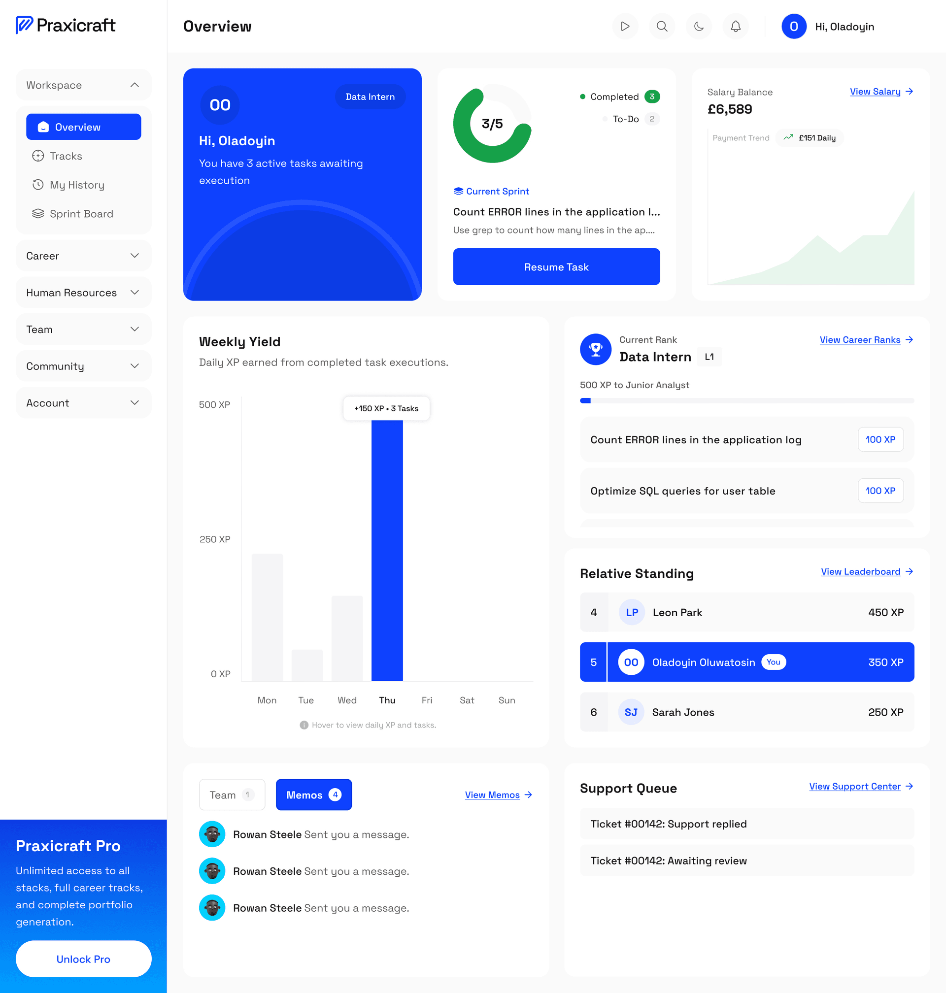 Praxicraft engineer workspace dashboard